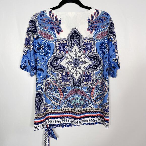 Roz & Ali Womens Medium M Blue White Paisley Printed Scoop Neck Tie Waist Blouse - Picture 2 of 9